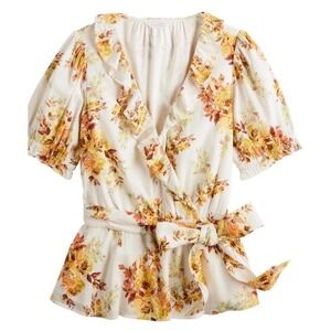 LC Lauren Conrad Cream Floral Ruffle Wrap Blouse